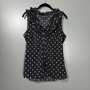 Spense Womens Black & White Polka Dot Whimsical Ruffle Top - Medium - Sleeveless